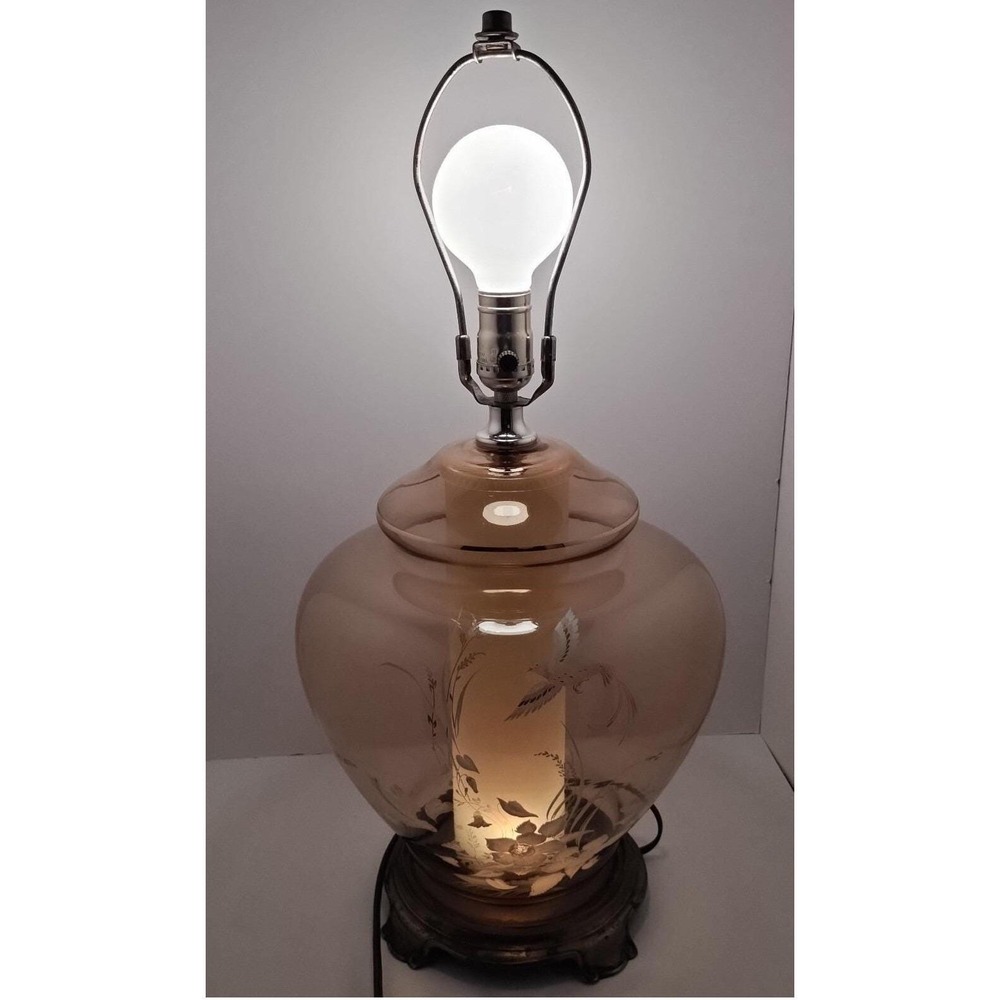 Vintage Hollywood Regency Etched Amber Glass MCM Lamp Flower Birds Tinted 3 Way